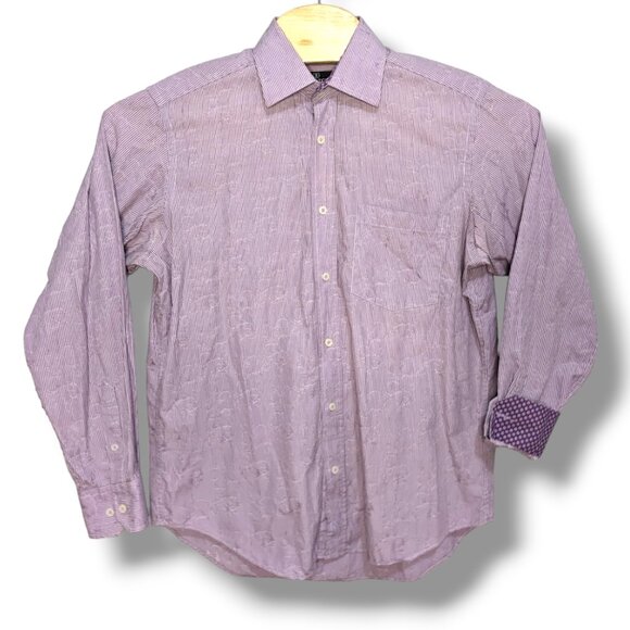 Bugatchi Embroidered Flip Cuff Shirt Mens Medium Purple Striped Button Up - Picture 1 of 6
